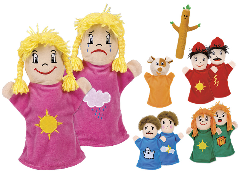 Poppen - handpop - Akros - poppen met twee gezichten - emotie - set van 6 assorti