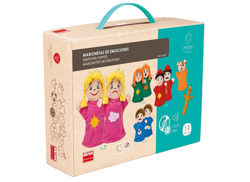 Poppen - handpop - Akros - poppen met twee gezichten - emotie - set van 6 assorti