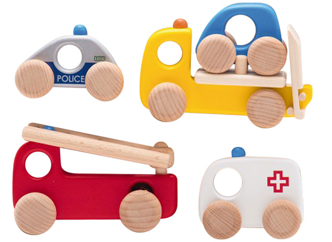Eerste speelgoed - hout - hulpdienstvoertuigen - set van 4