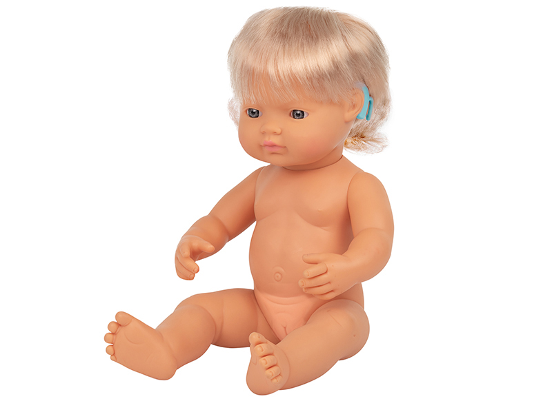 Poppen - babypop - Miniland - Europees meisje met gehoorapparaat - Special Needs - 38 cm - per stuk