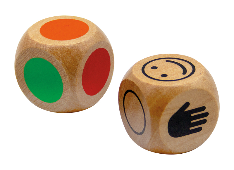 Spelaccessoires - dobbelstenen - Handige Handen - kleur en vorm - hout - set van 2 assorti