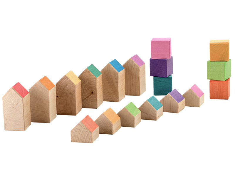 Open-ended - Ocamora - huisjes - blokken - regenboog - hout - set van 18 assorti