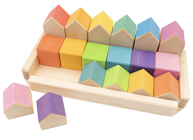 Open-ended - Ocamora - huisjes - blokken - regenboog - hout - set van 18 assorti