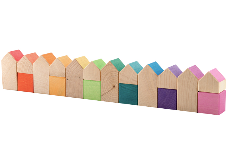 Open-ended - Ocamora - huisjes - blokken - regenboog - hout - set van 18 assorti