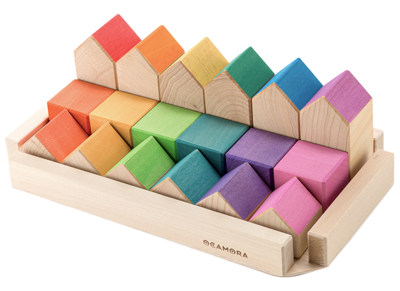 Open-ended - Ocamora - huisjes - blokken - regenboog - hout - set van 18 assorti