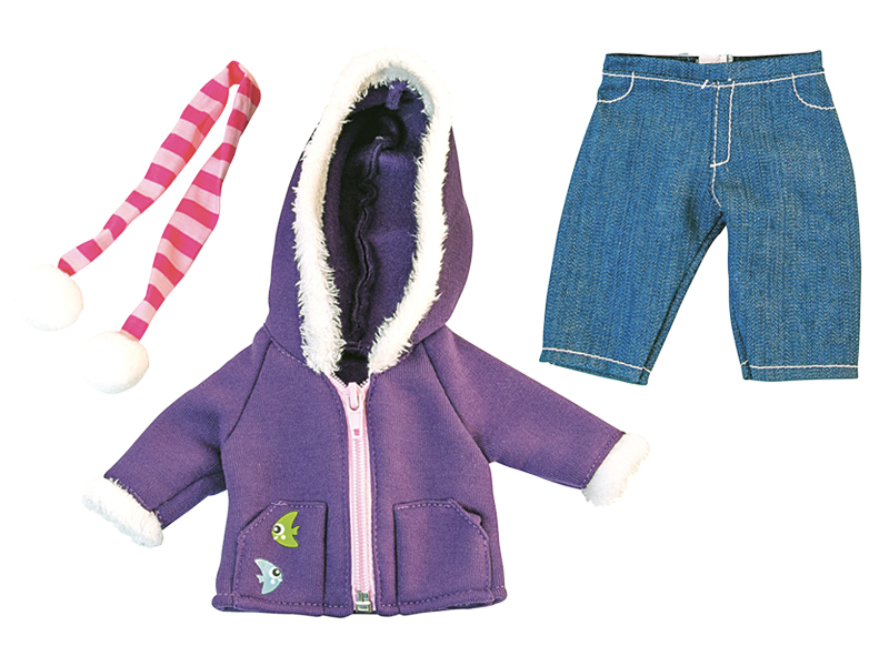 Poppenkleding - Miniland - herfst/winter - 32 cm - jeansbroek, jas en sjaal - per set
