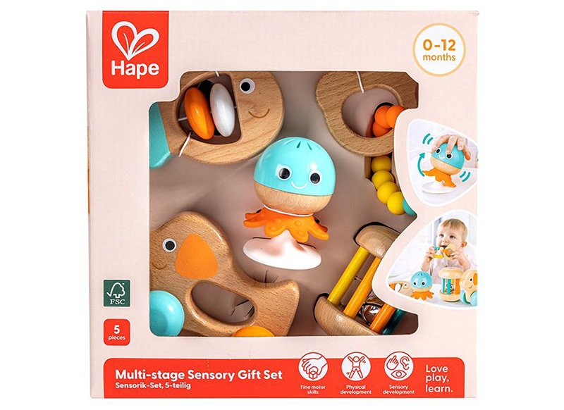 Rammelaar - Hape Multi-stage Sensory Gift - multi sensorische rammelaarset - hout - set van 5