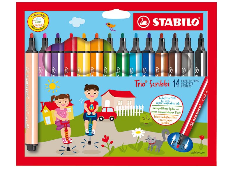 Stiften - kleurstiften - Stabilo Trio Scribbi - driekantig - 2 mm - set van 14 assorti