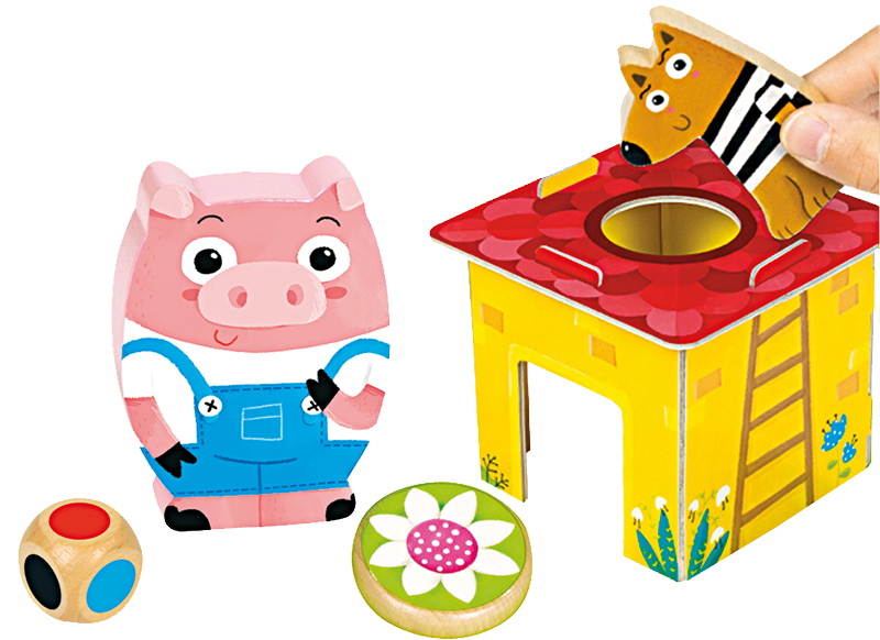 Spel - dobbelspel - Goula - 3 Little Pigs - biggetjes - wolf - hout - per spel