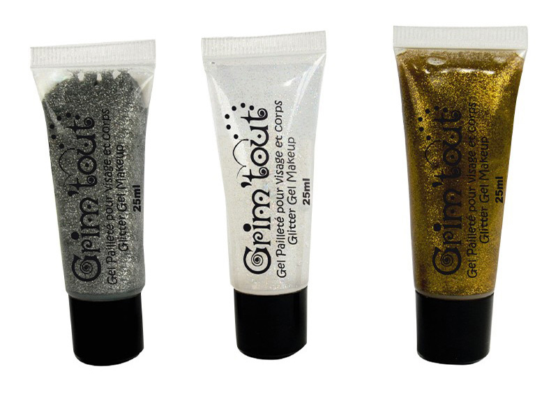 Schmink - Make-Up - Grim'tout - Glittergel - set van 3 - Goud, Zilver,Wit