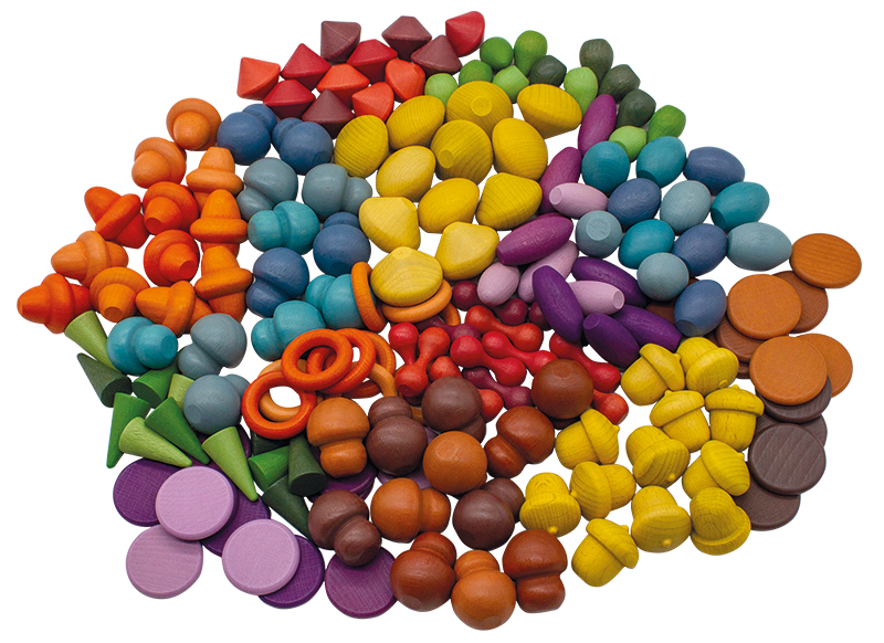 Speelfiguren - tickit Wooden Treasures Starter Set - hout - gekleurd - met opbergzak - loose parts - set van 168 assorti