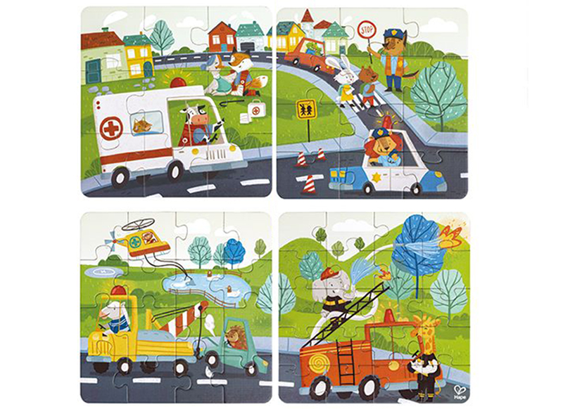 Puzzels - Hape Rescue Vehicle - 4-in 1 puzzel - hulpdiensten - karton - per stuk
