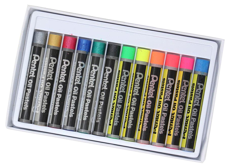 Waskrijt - oliepastels - Pentel - metallic en fluo kleuren - set van 12 assorti