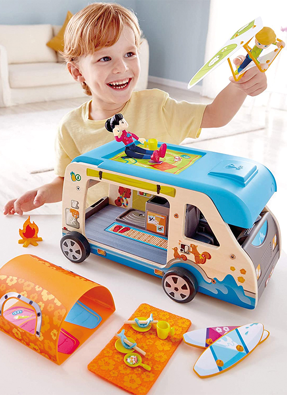 Speelgoed vakantiebus - Hape - camper - kamperen - met accessoires - hout - per set