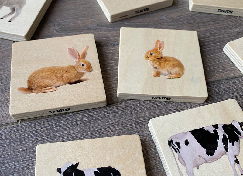 Puzzel - evolutiepuzzel - tickit Domestic Animal Family Match - huisdieren - 7 cm - hout - vierkant - per stuk